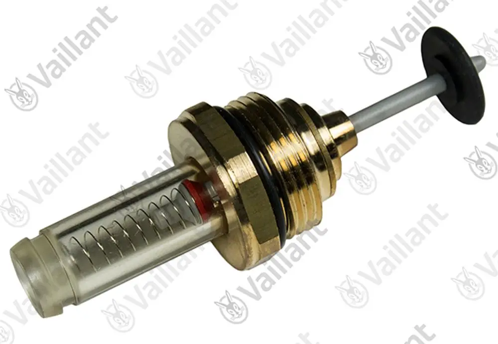 Vaillant Durchflusssensor aus Metall und transparenter Kunststoff, mit einer federnden Mechanik und Dichtung am oberen Ende.